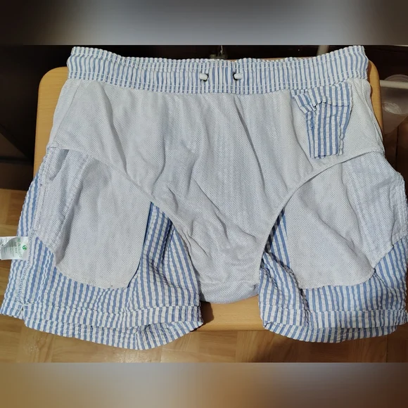 J Crew Swim Trunks Mens Medium Blue White Seersucker Lined 6" Shorts Surf Flex - Picture 4 of 12